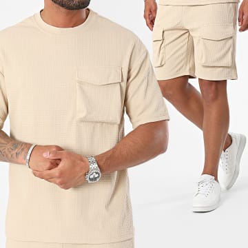 MTX - Conjunto de camiseta con bolsillos y pantalón corto cargo beige