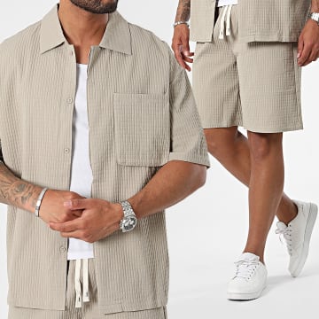 Frilivin - Conjunto de camisa de manga corta y pantalón corto de jogging Beige oscuro