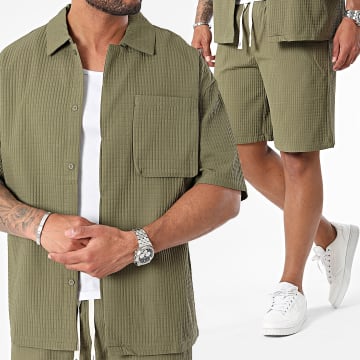 Frilivin - Set camicia a maniche corte e pantaloncini da jogging verde kaki