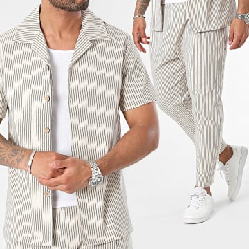 Frilivin - Conjunto de camisa de manga corta y pantalón de rayas Beige claro