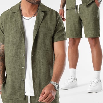 LBO - Conjunto de camisa de manga corta y pantalón corto efecto lino 1210 verde caqui