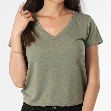 Only - Tee Shirt Col V Femme Dalila Vert Kaki Chiné