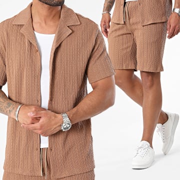 Frilivin - Conjunto de camisa de manga corta camel y pantalón corto de jogging