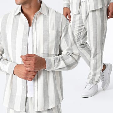 Frilivin - Set camicia a maniche lunghe e pantaloni a righe beige grigio chiaro