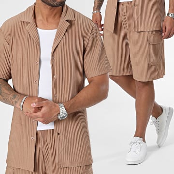 John H - Camel shirt met korte mouwen en joggingshortset