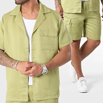 Frilivin - Conjunto de camisa verde caqui de manga corta y pantalón corto tipo cargo