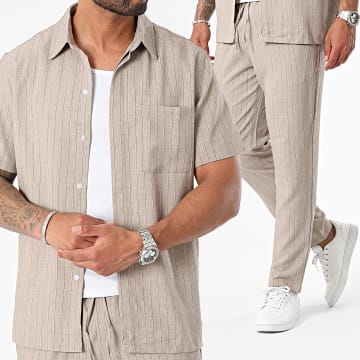Frilivin - Conjunto marrón de camisa de manga corta y pantalón a rayas