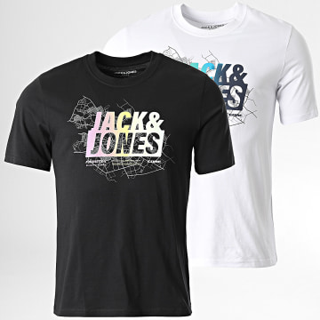 Jack And Jones - Set di 2 magliette estive con il logo della mappa, bianco e nero