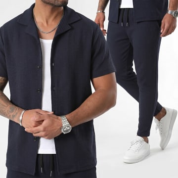 LBO - Waffle 1226 Navy Blue Short Sleeve Shirt and Textured Trouser Set