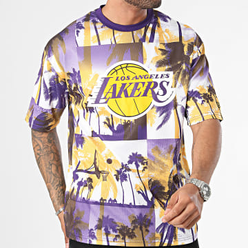 New Era - Oversize Palm Tree Mesh Tee Shirt Los Angeles Lakers 60502575 Blanco Morado Amarillo