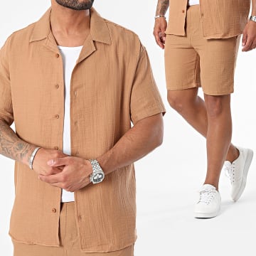 Mackten - Conjunto de camisa de manga corta camel y pantalón corto de jogging