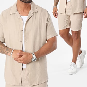 Mackten - Conjunto de camisa de manga corta y pantalón corto de jogging beige