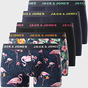 Jack And Jones - Set di 5 boxer floreali rosa fenicottero blu navy nero