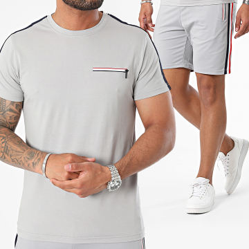 Zayne Paris  - Conjunto de camiseta con bolsillos de rayas grises y pantalón corto de jogging