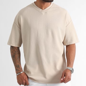 LBO - Textuur T-shirt Wafel Large V-Hals 1241 Beige