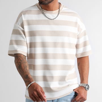 LBO - Tee Shirt Texturé Large A Rayures 1145 Blanc Beige