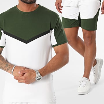 Black Industry - Set di maglietta e pantaloncini da jogging bianco verde scuro