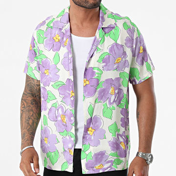 Frilivin - Chemise Manches Courtes Beige Violet Vert Floral