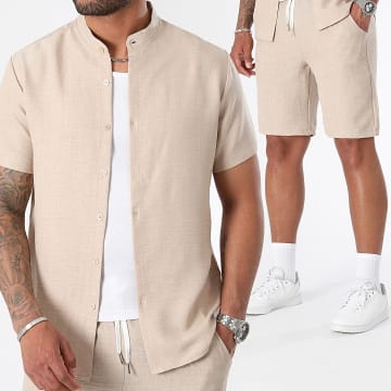 LBO - Conjunto de camisa de manga corta y pantalón corto efecto lino 0955 0943 Beige