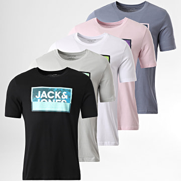 Jack And Jones - Lote de 5 Camisetas Logan Verano Blanco Negro Gris Azul Rosa