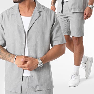 Uniplay - Ensemble A Rayures Chemise Manches Courtes Et Short Chino YC088-YC089 Gris