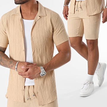 Mackten - Shirt met korte mouwen en beige gestreepte joggingshortset