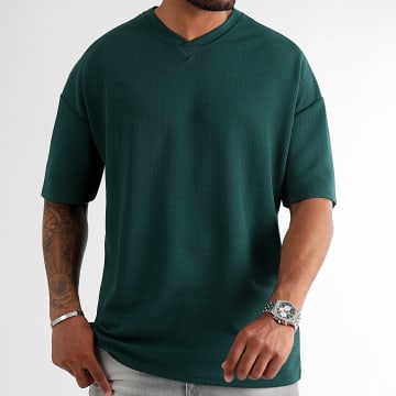 LBO - Tee Shirt Texturé Waffle Large Col V 1370 Vert Bouteille