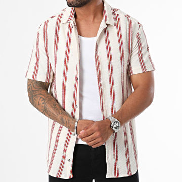 Classic Series - Chemise Manches Courtes A Rayures Beige Rouge