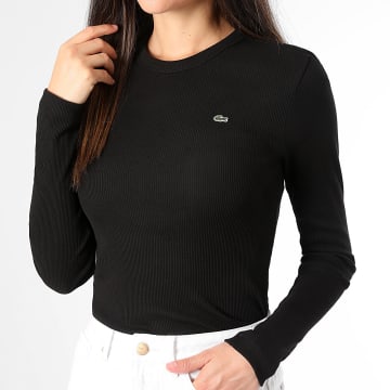 Lacoste - Tee Shirt Manches Longues Femme Rib Logo Brodé Crocodile Slim Noir