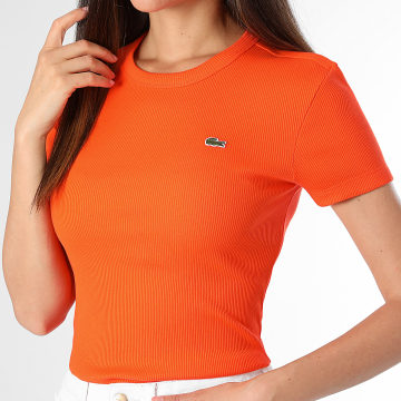 Lacoste - Tee Shirt Femme Rib Logo Brodé Crocodile Slim Orange