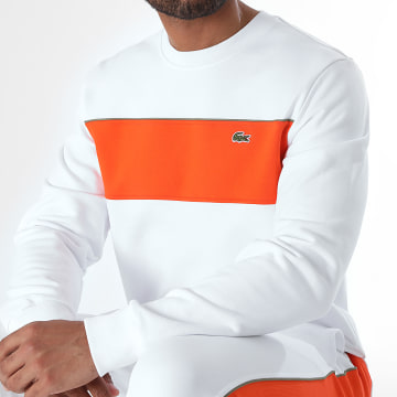 Lacoste - Sweat Crewneck Bicolore Logo Brodé Crocodile Classic Fit Blanc Orange