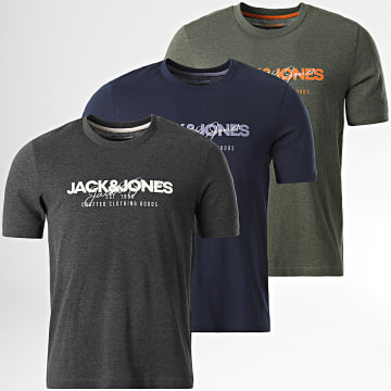 Jack And Jones - Lot De 3 Tee Shirts Alvis Gris Anthracite Chiné Bleu Marine Vert Kaki Chiné