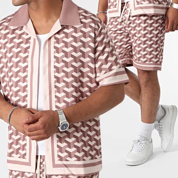 KZR - Camicia a maniche corte e pantaloncini da jogging marrone e rosa
