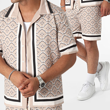KZR - Set camicia a maniche corte e pantaloncini da jogging beige, bianco e nero