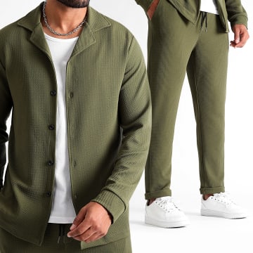 LBO - Wafel 1391 Khaki groen shirt met lange mouwen en broek met structuur