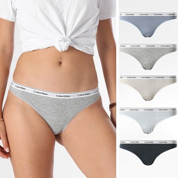 Calvin Klein - Lot De 5 Strings Femme 5221 Bleu Beige Gris Chiné Bleu Clair Bleu Marine