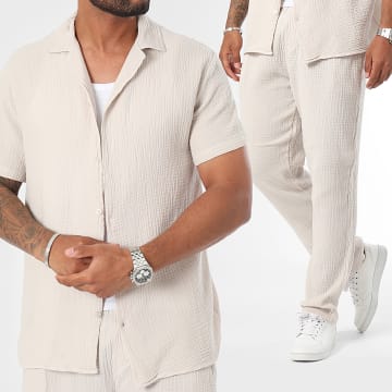Frilivin - Conjunto de camisa de manga corta y pantalón beige