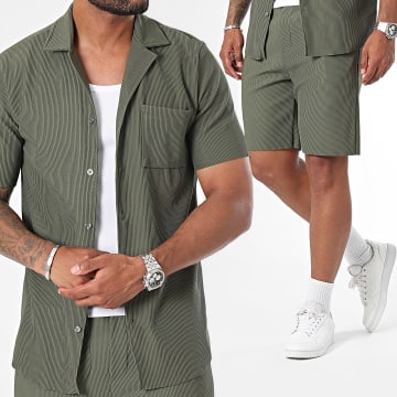 Frilivin - Conjunto de camisa de manga corta y pantalón corto verde caqui
