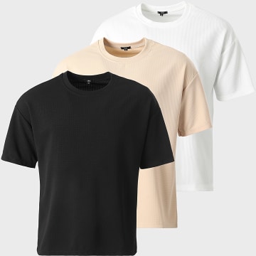 LBO - Lot De 3 Tee Shirts Texturés Waffle 0420 0212 Beige Blanc Noir