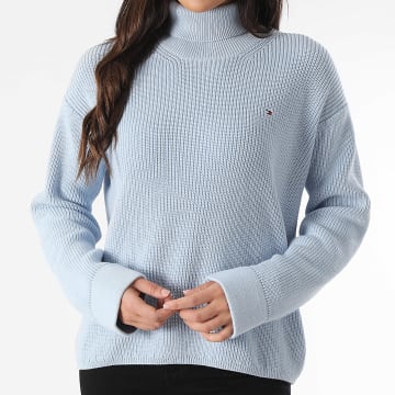 Tommy Hilfiger - Pull Col Roulé Femme Cardigan Stitch 3094 Bleu Clair