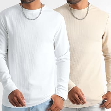 LBO - Lot De 2 Tee Shirt Manches Longues Texturé Waffle 1415 Blanc Beige