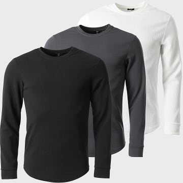 LBO - Lot De 3 Tee Shirt Manches Longues Texturé Waffle 1413 Noir Blanc Gris anthracite