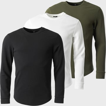 LBO - Set van 3 gestructureerde shirts met lange mouwen Wafel 1424 Zwart Wit Groen Khaki