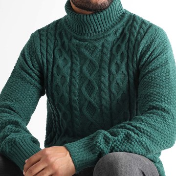 LBO - Pull Col Roulé Torsades 1439 Vert Bouteille