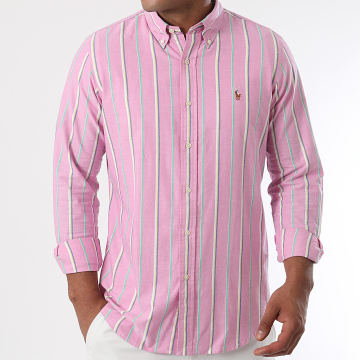 Polo Ralph Lauren - Custom Fit Calssics Roze Gestreept Shirt Met Lange Mouw