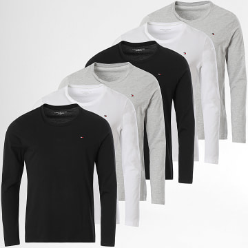 Tommy Hilfiger - Lot De 6 Tee Shirts Manches Longues Signature 3378 Noir Blanc Gris Chiné