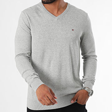 Tommy Hilfiger - Essential Cotton 4745 Maglione grigio screziato con scollo a V