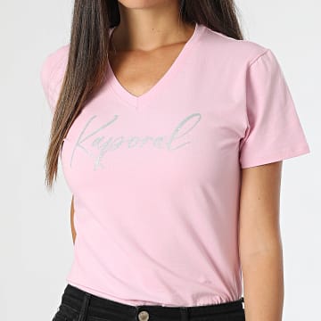 Kaporal - Tee Shirt Manches Courtes Col V Slim Femme Signe Rose Argenté