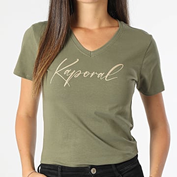 Kaporal - Tee Shirt Manches Courtes Col V Slim Femme Signe Vert Kaki Doré