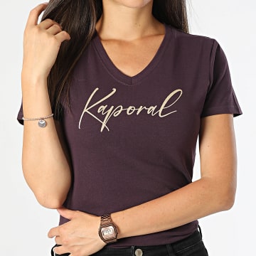 Kaporal - Vrouwen Slim V-Hals Korte Mouw T-shirt Teken Donker Paars Goud